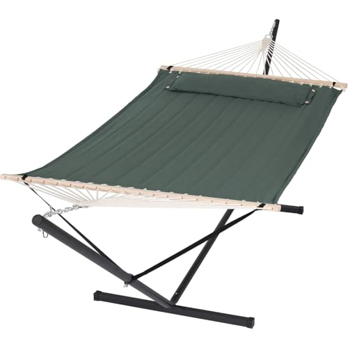 SUNCREAT Hammocks Extra Large Double Hammock with 12 ft Stand, 475lbs Capacity, Outdoor Portable Hammock with Hardwood Spreader Bar, Extra Large Pillow, Gray Green - color: Gray Green, size: 12 ft Stand