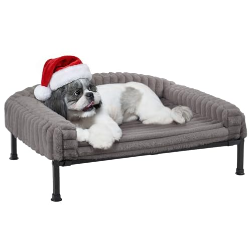 Veehoo Elevated Dog Bed with Bolster Cushion, Fluffy Plush Dog Couch Beds for Small Dogs, Cats, Washable Raised Pet Cot with Non-Slip Feet for Indoor or Patios Use, 30 x 20 Inches, Grey - color: Grey, size: 30.0"L x 20.0"W x 8.3"Th