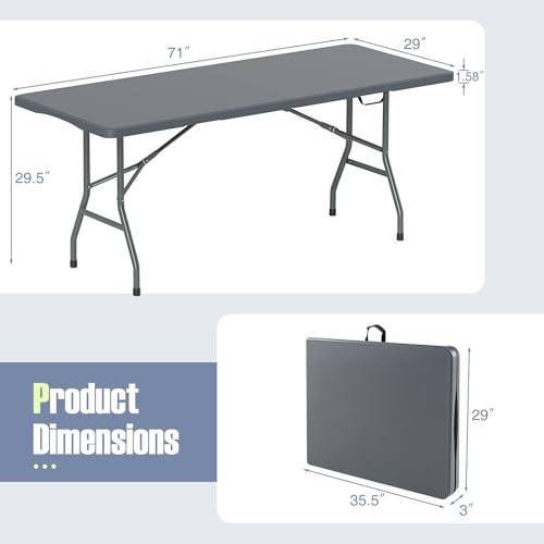 Goplus 6ft Plastic Folding Table, 350 LBS Outdoor Heavy Duty Folding Tables with HDPE Tabletop, Handle, Lock, Foldable Rectangle Portable Utility Card Table for Picnic, Party, Camping, Dining - color: Grey, size: 6 FT