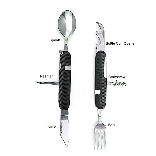 Cluck 6-in-1 Multi-Function Camping Utensil Flatware Set Detachable Spoon Fork Knife Combo Mess Kit with Carrying Pouch (Gold + Black) - color: Gold + Black