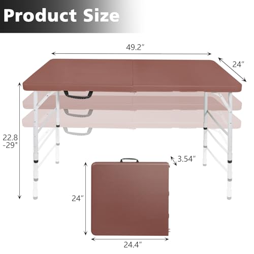 Portable 4Ft Folding Table, Heavy Duty Plastic Fold-in-Half Utility Foldable Table, Adjustable Height Plastic Folding Table with Carrying Handle for Camping &Party Indoor/Outdoor (Brown) - color: Brown, size: 4Ft