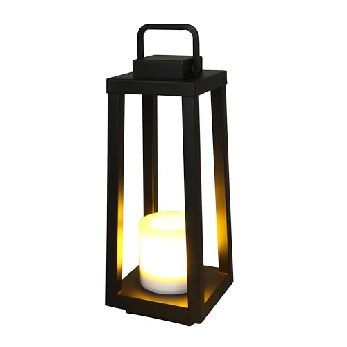 H16 Modern Outdoor Solar Lantern Black Metal Frame with Flickering LED Candle Waterproof and Portable for Patio Deck or Pathway Decorative Sconce with Warm LED - size: H16"