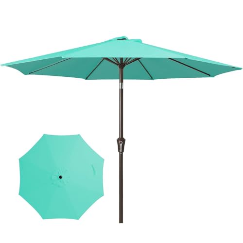 JEAREY 9FT Outdoor Patio Umbrella Market Umbrella with Push Button Tilt and Crank, Outdoor Table Umbrellas 8 Sturdy Ribs UV Protection Waterproof for Garden, Deck, Backyard, Pool (Teal) - color: Teal
