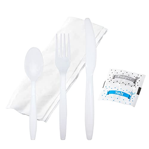 Bulk Heavy Weight Cutlery Individually Wrapped White Plastic Cutlery Knife, Spoon, Fork Pack with Napkin and Salt and Pepper Packets - Extra Strong & Resistant - size: 50