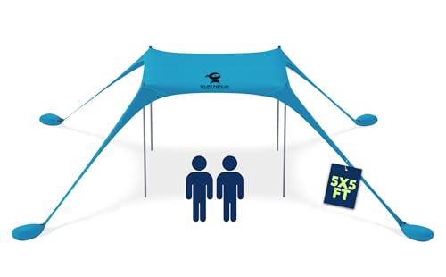 SUN NINJA Beach Tent Sun Shelter UPF50+ - Easy Pop Up Beach Canopy - Outdoor Shade for Camping Trips, Fishing, Backyard Fun Picnics - Sand Shovel, Ground Pegs & Stability Poles - color: Turquoise, size: 5x5 FT 4 Pole