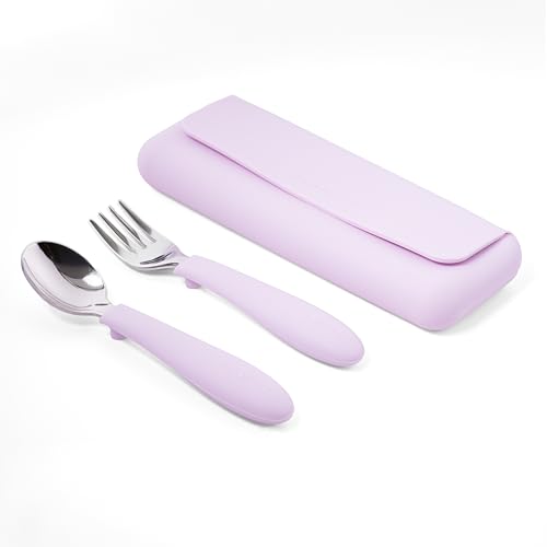 ASOMIC Premium 316 Stainless Steel Toddler Utensils with Silicone Handles & Travel Case, Kids Spoon & Fork Set for Toddler Self Feeding at Daycare, Preschool & School, BPA-Free, Dishwasher Safe - color: Lavender