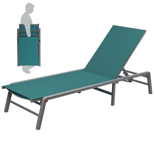 Kozyard Outdoor Foldable Lounge Chair, Aluminum Frame Patio Lounger with 5-Position Adjustable Backrest, Breathable Textilene Fabric, Assemble-Free, Reclining Full-Flat Poolside(MintGreen, No Table) - color: Mintgreen