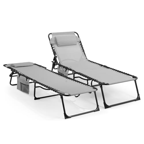 Unovivy Outdoor Chaise Lounge Chairs Set of 2, Portable Folding Pool Lounge Chair with 5-Position Reclining Back, Teslin Tanning Chair for Pool, Beach, Patio, Sunbathing - color: Grey