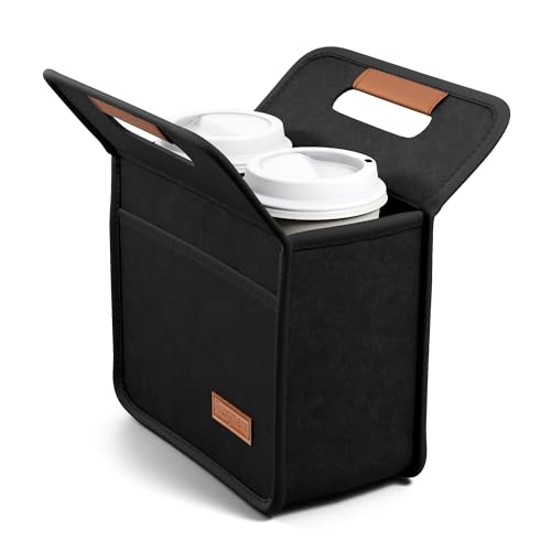Fluxynara 2-Cup Reusable Felt Drink Carrier with Handle and Adjustable Shoulder Strap, Drink Holder for Car, Multi-Cup Drink Carrier Bag for Delivery, Travel, Picnics (Black) - color: Black, size: 2 Cups