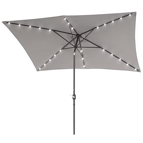 Rectangle Patio Umbrella with Solar Lights, 10 x 6.5ft Rectangular Outdoor Umbrella Table Market Patio Umbrella with Push Button Tilt and Crank for Garden, Deck, Backyard, Pool - color: Senior Ash