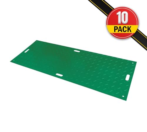 Mytee Products 10 Pk 3' x 8' - 1/2" Thick Heavy Duty Green Ground Protection Mats with Diamond Plated Tread - Easily Supports 90 Ton Loads - HDPE Construction Mat for Equipment Lawns Landscapers - color: Green, size: 3 x 8 Feet, style: 10 - Pack