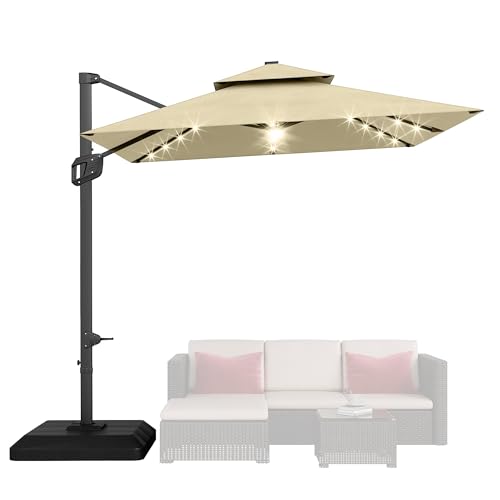 9ft Outdoor Patio Umbrella Heavy Duty 8 Ribs, Waterproof UV Protection Sun Shade with Crank Lift & Push Button Tilt, Outdoor Umbrella for Deck, Pool, Garden, Backyard, Lawn - color: Beige&Square-Lights, size: 10FT Roman