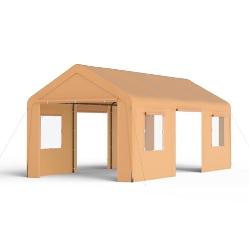 Carport, 13‘ x 20’ Heavy Duty Portable Garage All-Season Car Canopy w/Removable Sidewall & Doors, Carport Canopy Party Tent w/Water-Resistant Tarp for Backyard (Yellow) - color: Yellow, size: 13' x 20' /with side