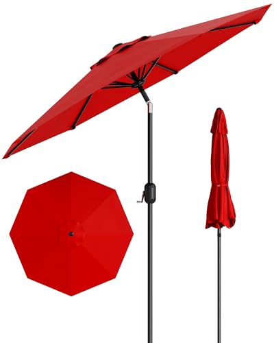 GarveeLife Outdoor Patio Umbrella, Table Market Umbrella with Push Button Tilt and Crank, 8 Sturdy Ribs UV Protection Waterproof for Garden, Deck, Backyard, Pool - color: Red, size: 9FT