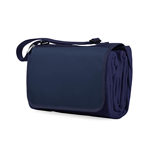 PICNIC TIME Outdoor Picnic Blanket Tote, 59"x51" Foldable Beach & Camping Blanket with Soft Fleece, Water-Resistant Bottom, Adjustable Strap & Zippered Pocket (Navy Blue with Blue Flap) - color: Navy