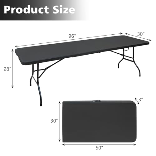 Portable 8Ft Folding Table, Heavy Duty Plastic Fold-in-Half Utility Foldable Dining Table, Multi-Purpose Plastic Folding Table with Carrying Handle for Camping and Party Indoor/Outdoor (Black) - color: Black, size: 8Ft