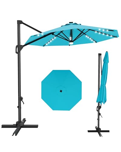 9ft Outdoor Patio Umbrella Heavy Duty 8 Ribs, Waterproof UV Protection Sun Shade with Crank Lift & Push Button Tilt, Outdoor Umbrella for Deck, Pool, Garden, Backyard, Lawn - color: Turquoise Blue&Round-Lights, size: 10FT Roman
