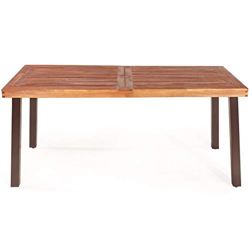 Giantex Patio Dining Table Set with 2 Benches, Outdoor Picnic Table Set with Umbrella Hole, Acacia Wood Patio Seating and Rectangular Table for Backyard, Garden, Lawn (Rustic Brown)