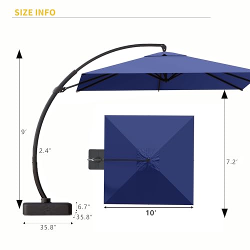 Kingdura 10x10 FT Cantilever Patio Umbrella with Base Included, Large Square Offset Outdoor Pool Umbrella, 360° Rotation & Infinite Tilt, Heavy Duty Aluminum Frame for Deck Backyard, Navy blue - color: Navy blue, size: 10x10 FT
