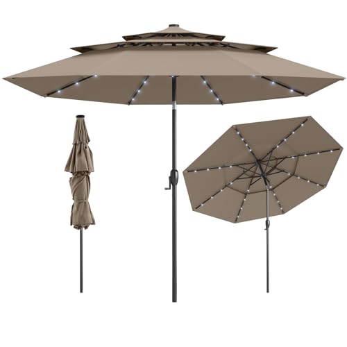 Tangkula 10 FT Solar LED Patio Umbrella, 3-Tier Vented Outdoor Market Table Umbrella with 32 LED Lights, Tilt Adjustment, Crank Handle, 8 Ribs for Backyard Pool Deck (Tan) - color: Tan