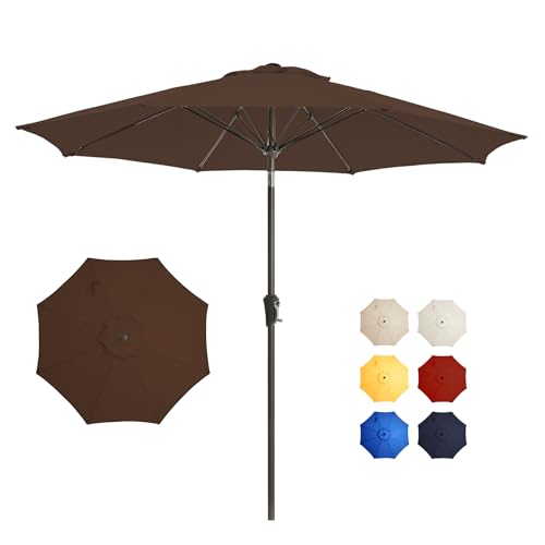 9FT Large Outdoor Patio Umbrella Pool Market Umbrella-UV Resistant, Easy Push Button Tilt and Crank, 8 Sturdy Ribs Heavy-Duty Table Umbrella for Deck, Backyard, Garden (Brown) - color: Brown, size: 9 FT