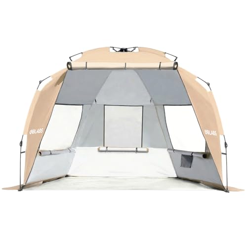 Golabs BT1 Pop up Beach Tent Sun Shelter for 3-Person, 1-Minute Setup by Pre-Attached Pole & UPF 50+, Beach Shade with Detachable Floor Mat, Mesh for Clear View & Airflow, only 7 lbs & Pocket and Hook - color: CAMEL