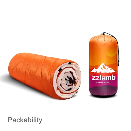 zzlamb Outdoor Camping Blanket with Sherpa Lining,Puffy Thick Camp Quilt for Sleeping,Packable Warm Wearable Fleece Blankets for Cold Weather,Traveling,Backpacking,Picnics,Beach,Stadium 52x75in - color: Fiery Ridge Fade