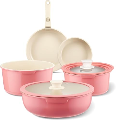IKTU Ceramic Pots and Pans Set Non Stick Pink, 8 Pcs Nonstick Cookware Set with Detachable Handle RV Camping Induction Kitchen Cookware Set Non Stick, PFAS PFOA & PTFE Free - color: Pink