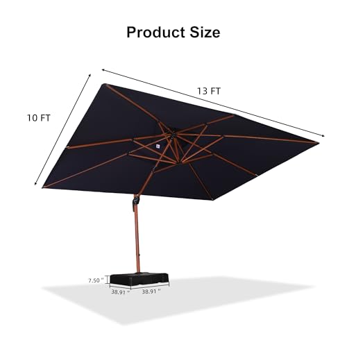 PURPLE LEAF 10' X 13' Double Top Deluxe Wood Pattern Rectangle Patio Umbrella with Base Offset Hanging Umbrella Outdoor Market Umbrella Garden Umbrella, Navy Blue - color: Navy Blue, size: 10'X13', style: Base Included