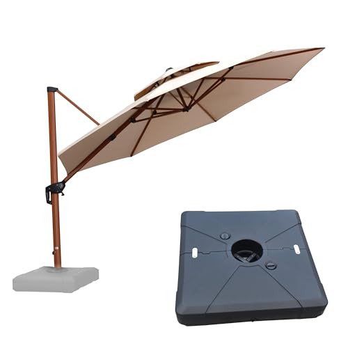 PURPLE LEAF Cantilever Umbrella with Base Outdoor Round Umbrellas Large Cantilever Umbrella Windproof Offset Heavy Duty Sun Umbrellas for Garden Deck Pool Patio, 12ft Beige - color: Beige, size: 12 Feet, style: Base Included