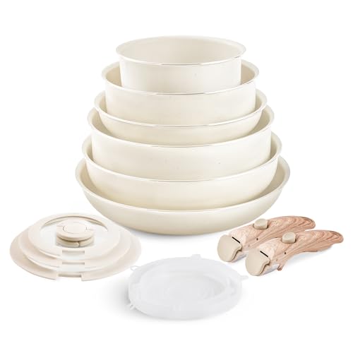 Nonstick Cookware Set - YIIFEEO Stackable Pots and Pans Set Detachable Handle Camping Cookware Granite Kitchen Cookware Sets Removable Handle, Non Toxic Nonstick Frying Pans for Cooking Set Gift Beige - color: A Ivory White