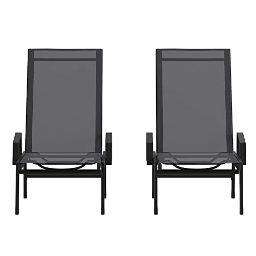 Flash Furniture Brazos Set of 2 Adjustable Chaise Lounge Chairs with Arms, All-Weather Outdoor Five-Position Recliners, Black/Black - color: Black/Black, size: Set of 2