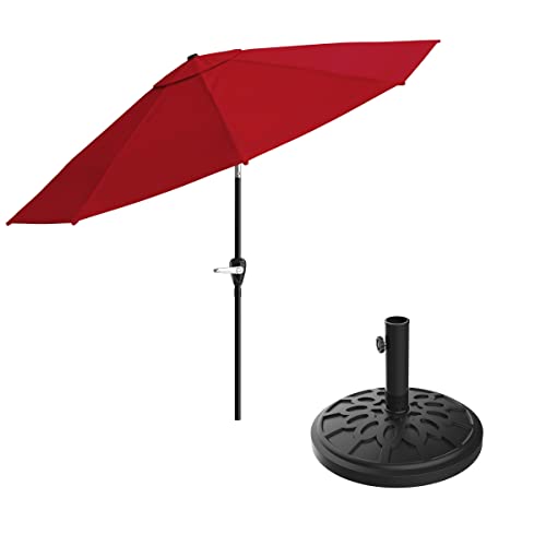 Pure Garden Patio Umbrella with Auto Tilt 10ft Easy Crank Sun Shade with 19lb Weighted Base for Deck, Outdoor Furniture, or Pool (Red)