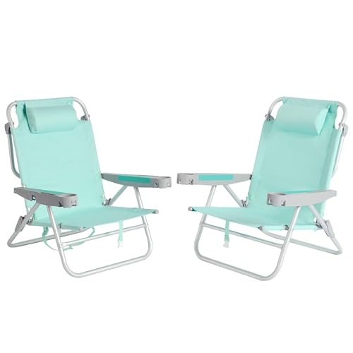 SUNNYFEEL Extra Wide Low Beach Chair 2 Pack 5 Position Lay, XL Oversized Portable Folding Camping Chairs with Cup Holder for Outdoor/Sand, Foldable Backpack Beach Chair for Adults Heavy Duty 500 LBS - color: Teal, size: 2-PACK