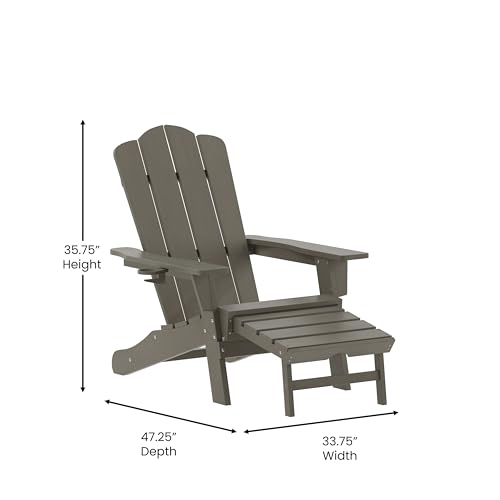 Flash Furniture Newport Poly Resin Adirondack Chair with Cup Holder and Pull Out Ottoman, All-Weather Poly Resin Indoor/Outdoor Lounge Chair, Brown - color: Brown, size: 47.25" - 33.25"dx33.75"wx35.75"h