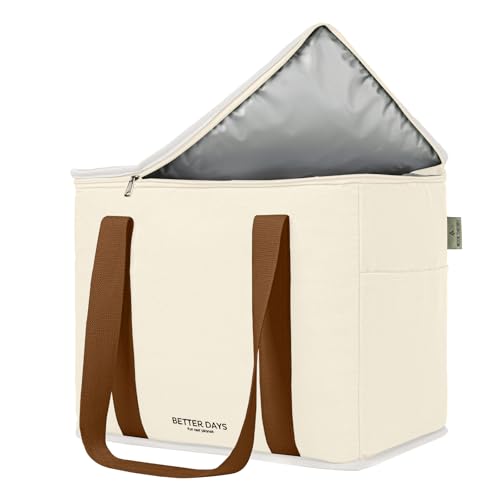 Reusable Insulated Grocery Bag - Canvas, Leak Proof, X Large Cooler Bag, Insulated Shopping Bags for Groceries, Travel Cooler Bag for Frozen and Hot Food with Zippered Top (Cream Brown) - color: Cream Brown