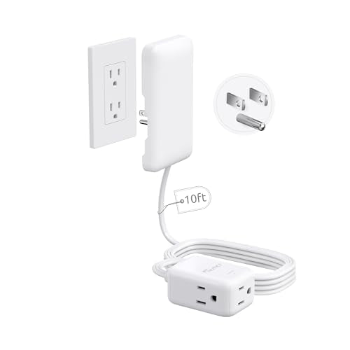 NUTICT Outlet Cover Extension Cord Long 10ft, 3 Outlets Indoor Flat Extension Cord & Ultra-Thin Flat Wall Plug, 900J Surge Protector, 13A/1625W, ETL Listed, Behind Bed Couch Dresser Furniture, White - color: White, size: 10ft(3 Prong Plug), style: for Sta