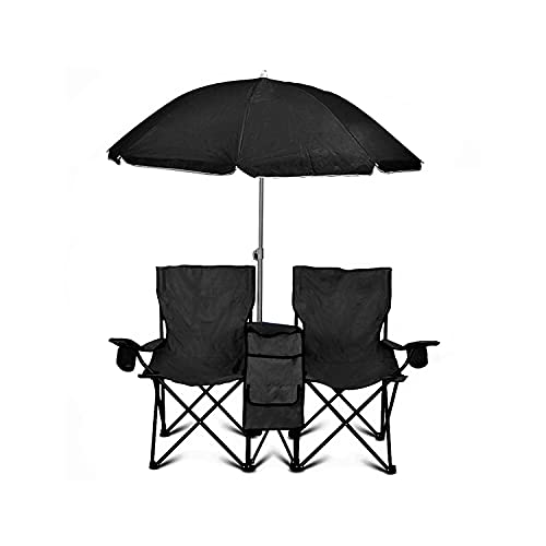 GoTEAM! Portable 2-Seat Folding Camp Chair with Cooler, Umbrella & Cup Holders – Outdoor Picnic, Beach, or Tailgate Seating – Carry Case Included - color: Black