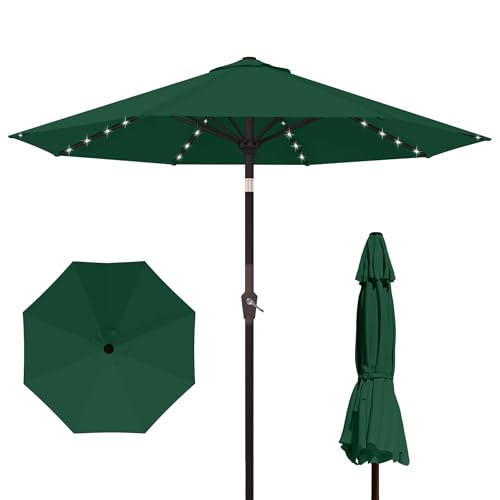 Kingdura 9FT Outdoor Patio Umbrella with Solar Lights, Market Table Umbrella with Push Button Tilt & Crank, 8 Sturdy Ribs, 32 LED Lights, UV Protection for Garden Lawn Deck Backyard Pool (Dark green) - color: Dark green-LED, size: 9 Ft