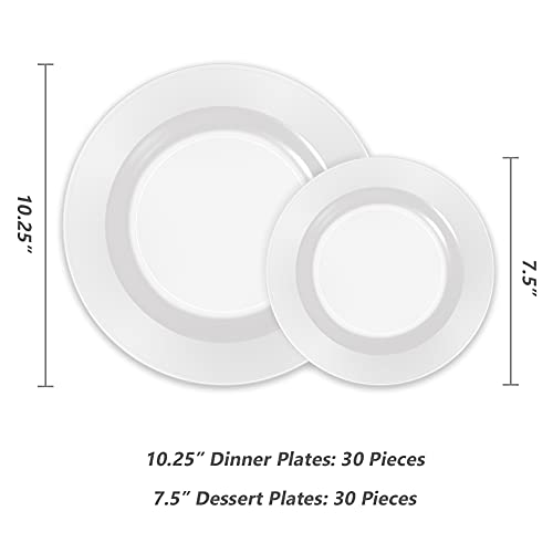 POSATE 60PCS White Disposable Plastic Plates, Heavy Duty Plates for Wedding/Party, 30PCS Dinner Plates 10.25’’ and 30PCS Dessert/Salad Plates 7.5’’, White Plates for Party Event - color: White