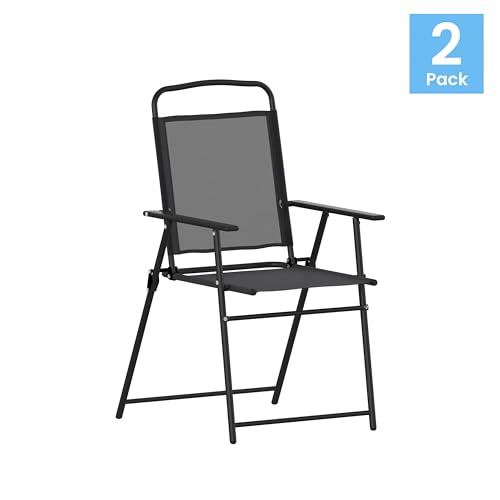 Flash Furniture Mystic Folding Patio Sling Chairs, Outdoor Textilene Lawn Chairs with Armrests, Set of 2, Black - color: Black