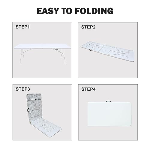 Portable Plastic Folding Table 4ft/6ft/8ft Heavy Duty White Black Picnic Dining Table Fold-in-Half for Camp Party Kitchen Indoor Outdoor - color: White, size: 8FT, style: Flat Desktop