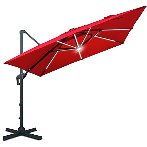 Sunnyglade 10x10ft Solar Powered LED Cantilever Patio Umbrella Square Deluxe Offset Umbrella 360°Rotation & Integrated Tilting System & LED lights for Market Garden Deck Pool Backyard Patio - color: Red, size: 10X10FT