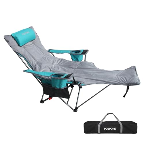 Reclining Camping Chair with Removable Footrest Lounge Chair with Headrest, Cotton Cushion, Portable Adjustable Folding Chairs - color: Cyan, size: 1 pack