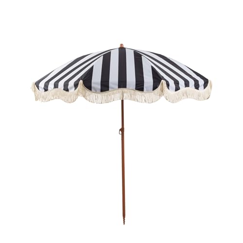 Rayjee 6.5FT Patio & Beach Umbrella with Fringe, Outdoor Sun Umbrella with Tilt & Adjustable Height, Aluminum Pole Market Umbrella for Garden, Deck, Pool & Beach - color: Black and white stripes