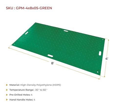 Mytee Products 4' x 8' Green Ground Protection Mats with Double Sided Diamond Plated Tread Design - High-Density Polyethylene Mat, Easily Supports 120 Ton Loads on Lawns, Dirt, and Any Other Areas - color: Green, size: 1 - Pack