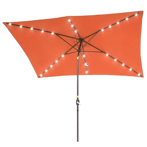 Rectangle Patio Umbrella with Solar Lights, 10 x 6.5ft Rectangular Outdoor Umbrella Table Market Patio Umbrella with Push Button Tilt and Crank for Garden, Deck, Backyard, Pool - color: Orange