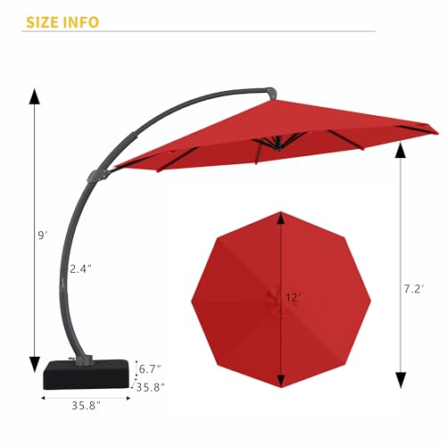 Kingdura 12ft Offset Cantilever Patio Umbrella with Base Included, Large Round Aluminum Outdoor Umbrella, 360° Rotation & Infinite Tilt, Heavy Duty Frame for Deck Pool Backyard, Red - color: Red, size: 12 FT