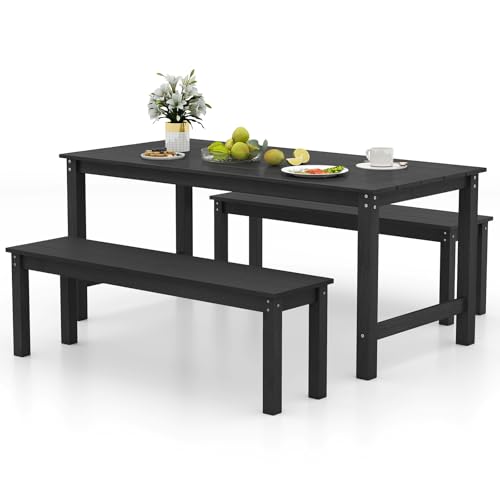 Tangkula 3 Pieces Outdoor HDPE Dining Table Set with 2 Benches, Weather Resistant Patio Furniture Set with 1.77” Umbrella Hole and Wood-Like Surface for Garden, Backyard and Poolside (Black, 3 Pcs) - color: Black, size: 3 Pcs