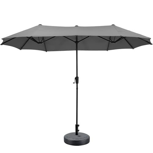 13Ft Large Patio Umbrella with Base Outdoor Double-Sided Market Extra Large Table Umbrella Easy Crank for Yard, Poolside, Deck-Gray - color: Gray, size: 13FT Umbrella+Base